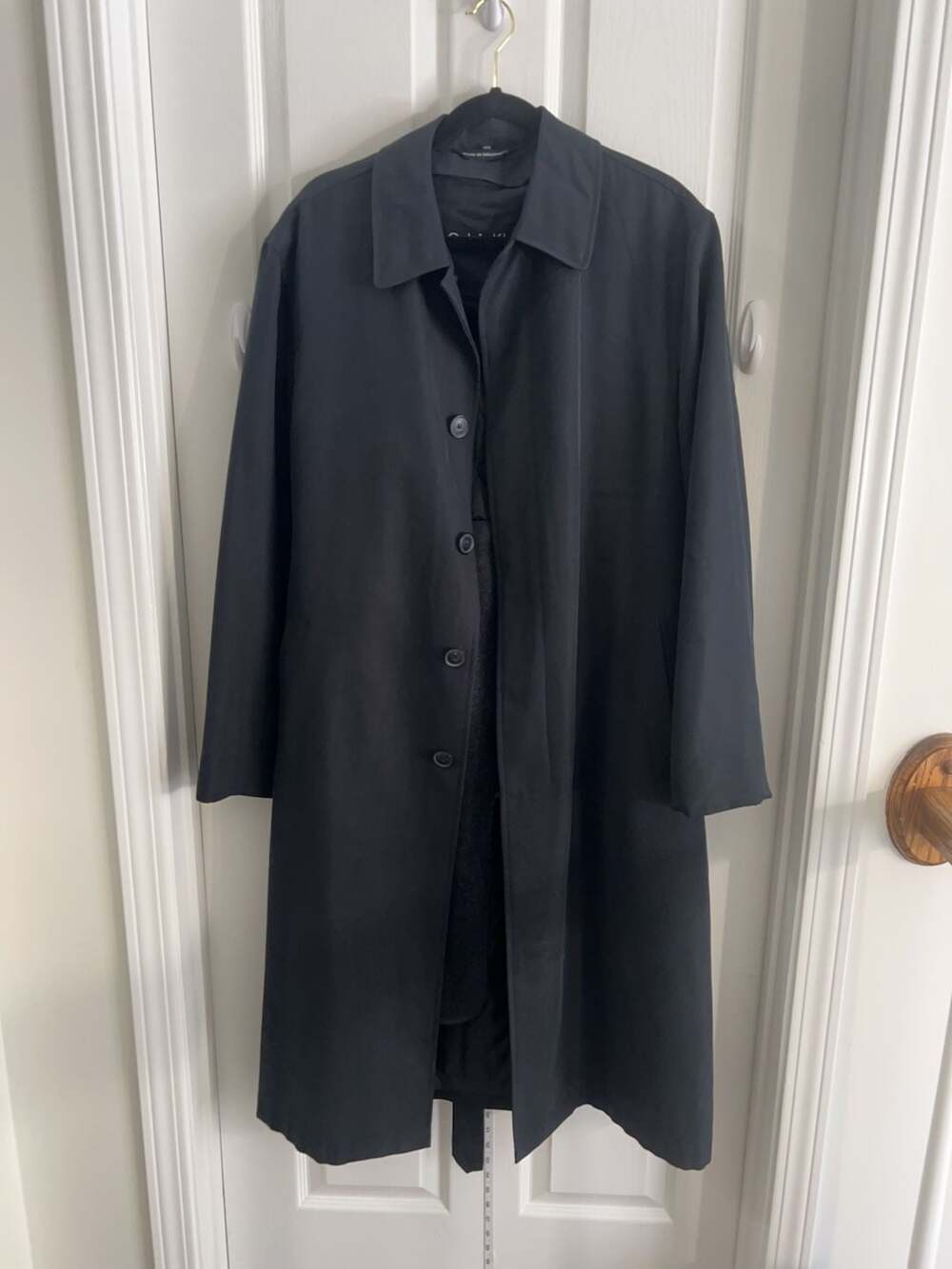 Calvin Klein Vintage Black Long Car Coat Mens 40R Wool Lined Minimalist Trench
